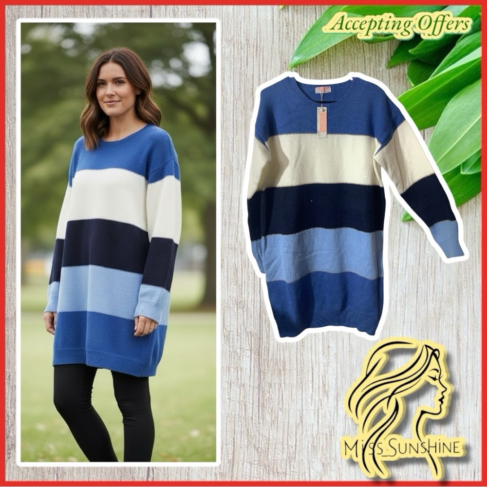 Miss Sunshine Blue Striped Knit Sweater Dress